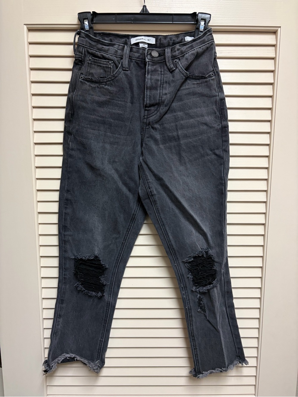 O’Neill Womens Jeans 24 Black Distressed Straight Leg Ripped Raw Streetwear